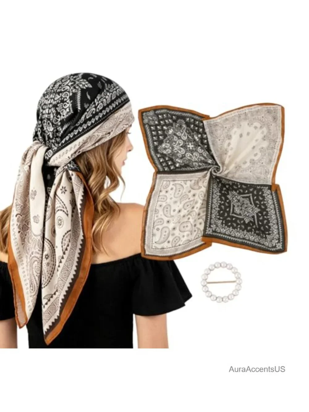 Oversized Bandana Scarf with Pearl Scarf Ring, Large Square Shawl Hair Wrap